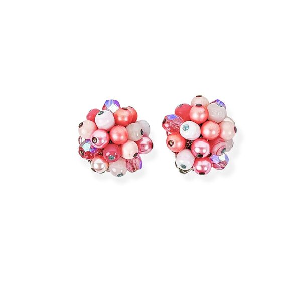 Vintage Earrings Clip On Round Cluster Pink White AB Beads Silver Tone Japan - Picture 1 of 5